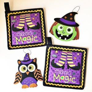Halloween Hanging Witch & Owl Decor Items Wooden Glitter & 2 New Witch Hot Pads